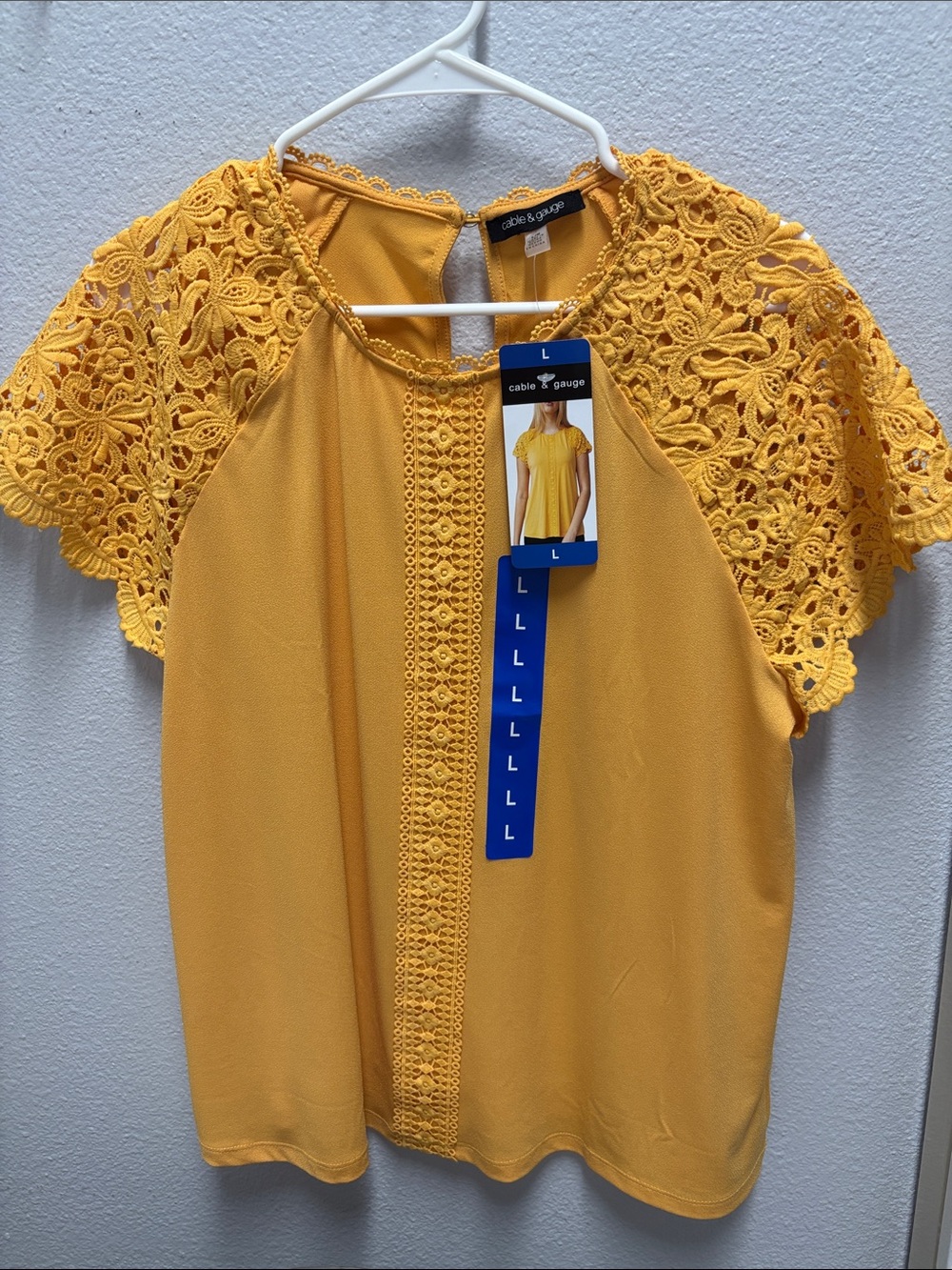 Cable & Gauge Mustard Lace-Sleeve Blouse